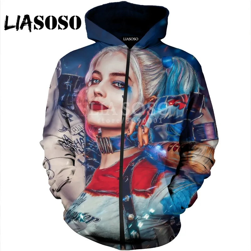 

LIASOSO 3D Print Women Men Suicide Squad Harley Quinn joker Hooded pullover Hoodies Sweatshirts Casual Zipper Jacket Coat X820