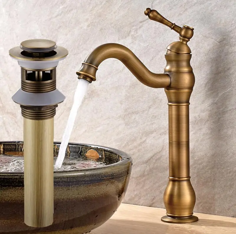 Preise Kostenloser versand Antike bronze hohe kupfer bad becken wasserhahn einzigen handgriff heißen und kalten wasser Europäischen stil
