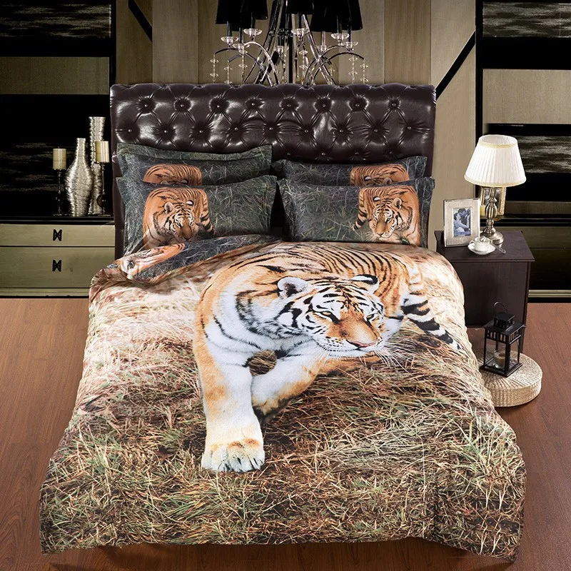 Domineering Tiger On The Grass Print 7 Pcs 100 Satin Cotton 3d Animal