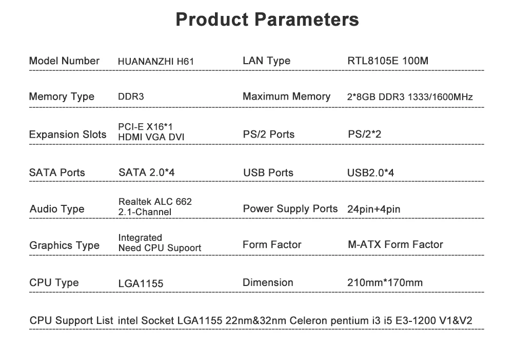 Huanan Zhi H61 M-ATX материнская плата H61 для Intel LGA 1155 Поддержка i3 i5 i7 DDR3 1333/1600 МГц 16 Гб SATA2.0 USB2.0 VGA HDMI