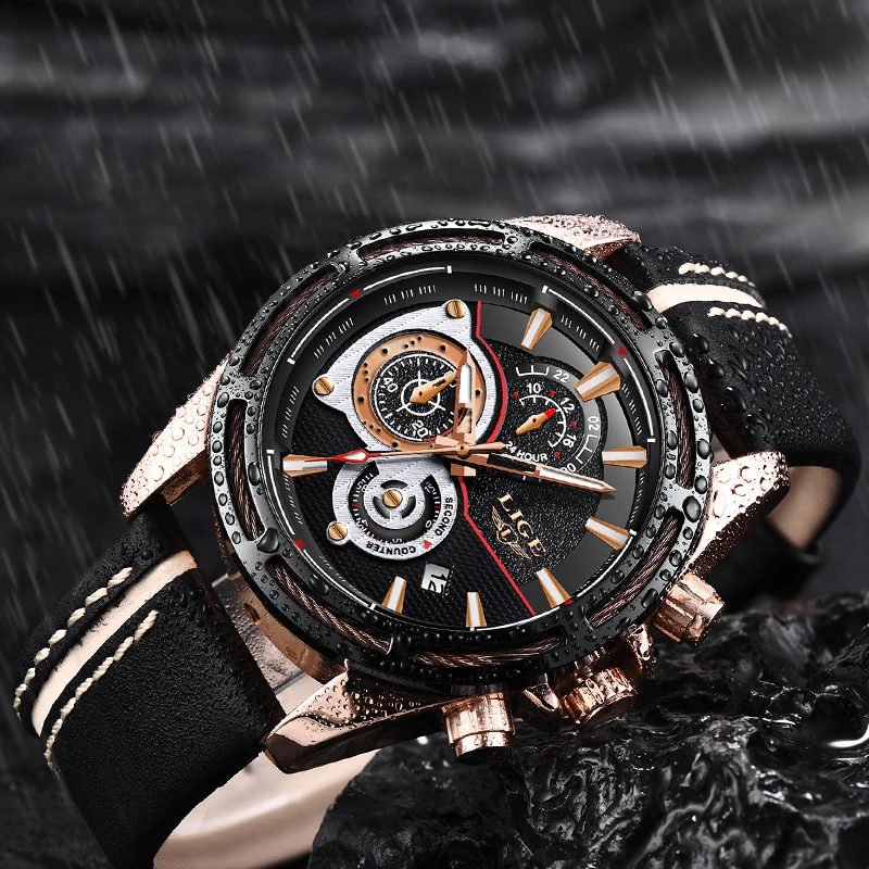 

New LIGE Mens Watches Top Brand Luxury Quartz Gold Watch Men Casual Leather Military Waterproof Sports Watch Relogio Masculino