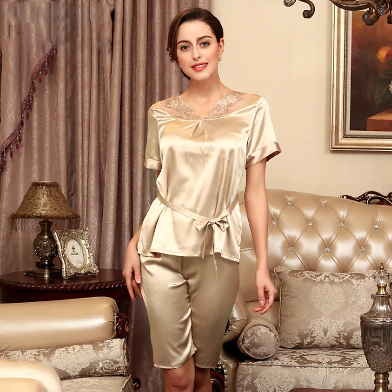 

Silk sexy home clothing ladies summer lace short sleeve pants home suit pajamas women pyjamas set cheap wholesale