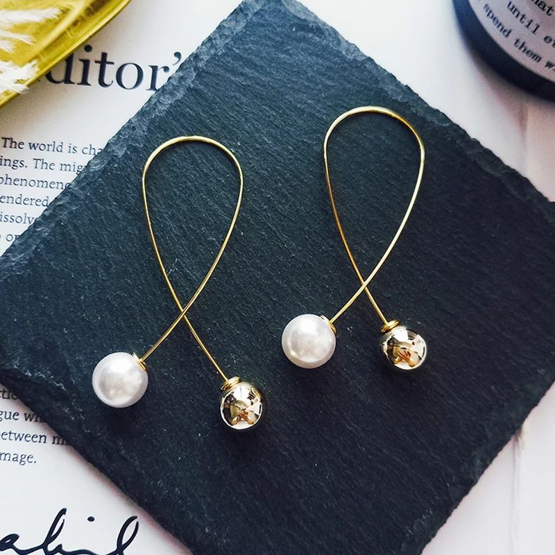 

JZTOP Simple Geometric Earrings Gold Silver Color Imitation Pearl Drop Earrings Cross Arc Curved Earring ladies Jewelry Gift