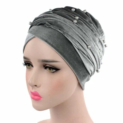 Новое поступление бархатный мусульманский платок с рюшами хиджаб элегантный Одноцветный жемчуг тюрбан мягкие удобные шапочки головной убор мать шляпа - Цвет: Grey