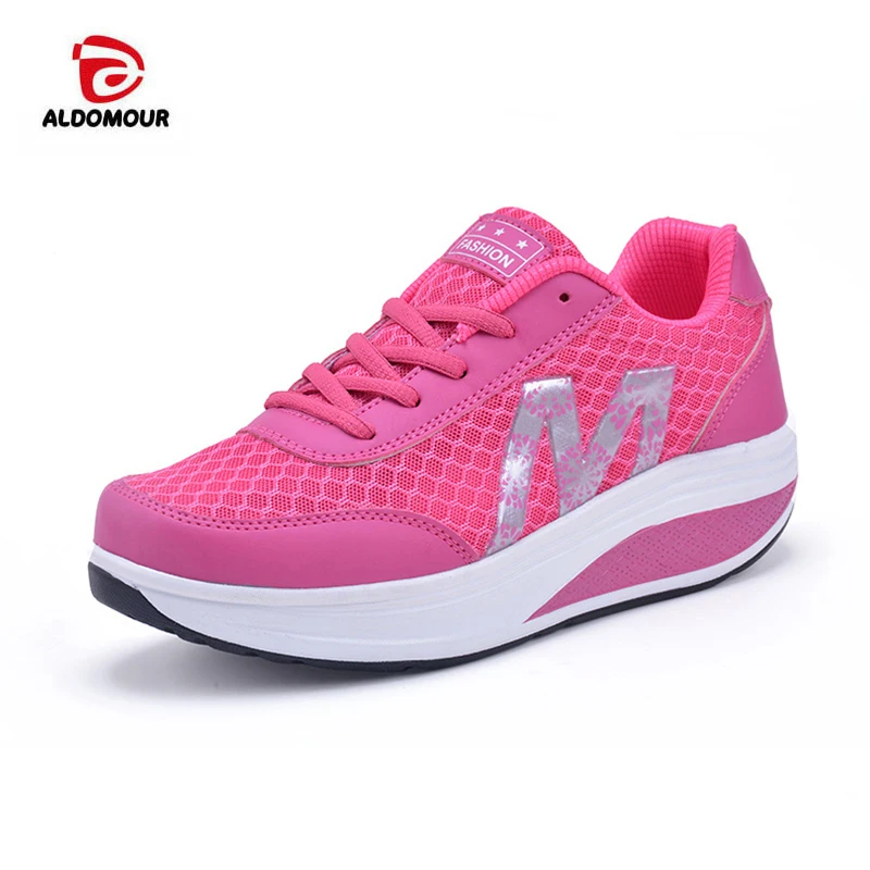 ALDOMOUR Mesh Lacing Women Toning Shoes Thick Soles Height Increased Breathable Wedges Swing Sneakers New Autumn Slmming Shoes