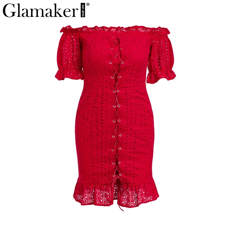 Женское короткое пляжное платье Glamaker Красное Облегающее в горошек с оборками
