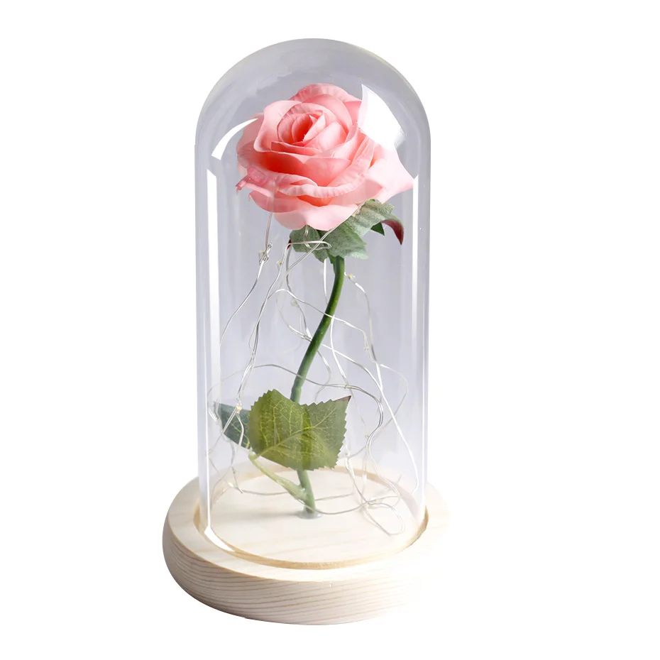 Artificial Flowers Eternal Rose LED Light Beauty The Beast In Glass Cover Wedding Home Decor For Birthday Christmas Mariage Gift