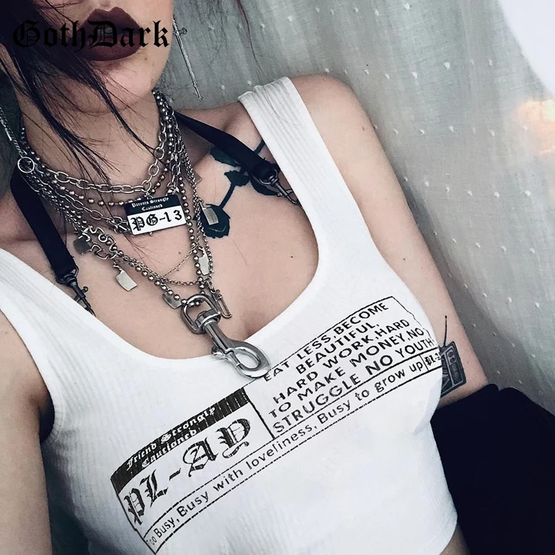 

Goth Dark White Letter Print Punk Gothic Cropped Top Aesthetic Grunge Harajuku Tops For Women Streetwear Fashion 2019 Sexy Navel