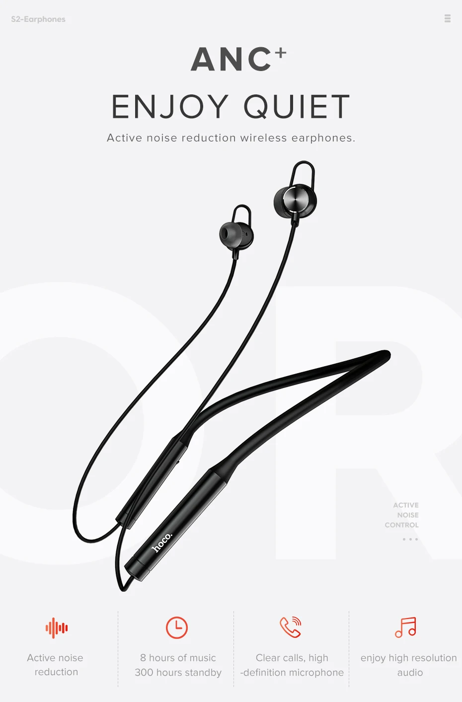 Hoco S2 спортивные bluetooth наушники с активным контролем шума беспроводные микрофоном