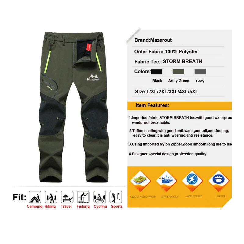 Hiking Fleece Pants Man Winter Waterproof Outdoor Oversized 4XL