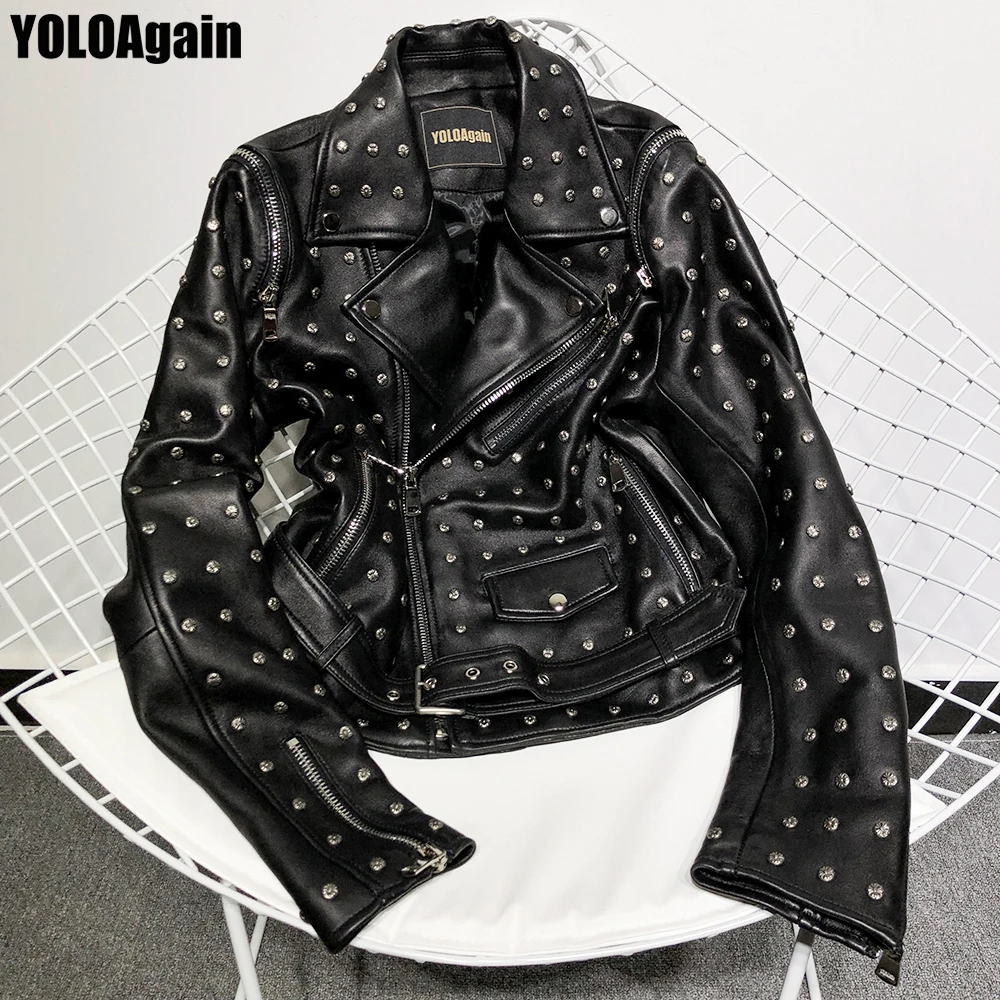 

YOLOAgain Women genuine leather jacket ladies long sleeve rivet real leather jacket