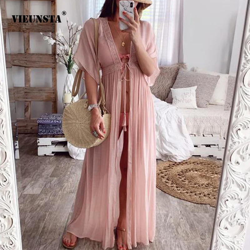 

VIEUNSTA Sexy V-neck Lace Cardigan Dress Women 2019 Summer Short Sleeve Dresses Elegant Bandage Loose Maxi Dress Vestido Female