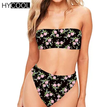 

HYCOOL Swimwear Women 2019 Black Floral Printed Swimsuit Female Swim Suit Sexy Bikini Ladies Women's Thong Swim Wear Beachwear
