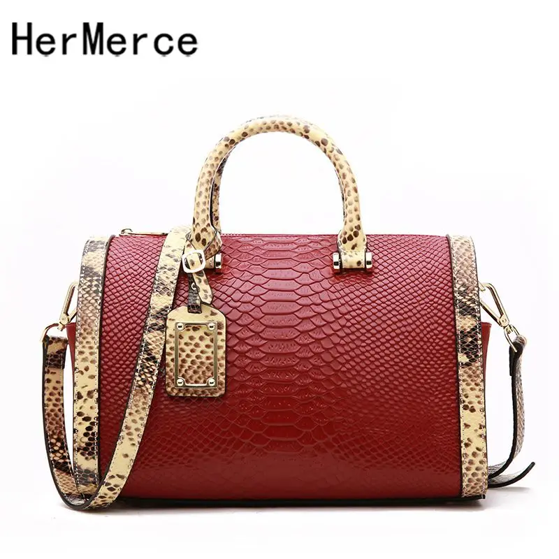 

Genuine Leather Boston Bag Handbag For Women Serpentine Embossed Shoulder Bag Casual Tote Large Capacity Crossbady Pillow Bag