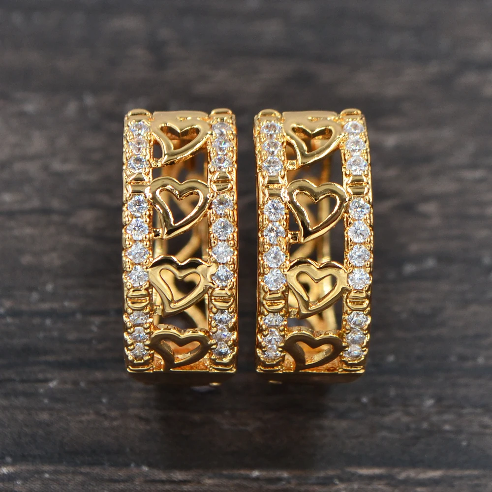 

Fashion Women Gold Color Clear Cubic Zirconia Two Rows CZ Love Hearts Huggie Hoop Earrings Jewelry