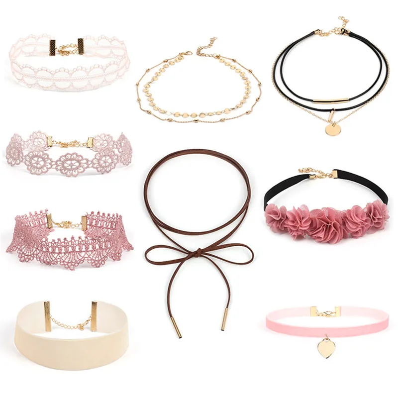 

Romantic 9pcs/sets Lace Chokers Necklace Pink Lace Gold Rope Link Chain Velvet Strip Woman Collar Jewelry Neck Accessories Gift