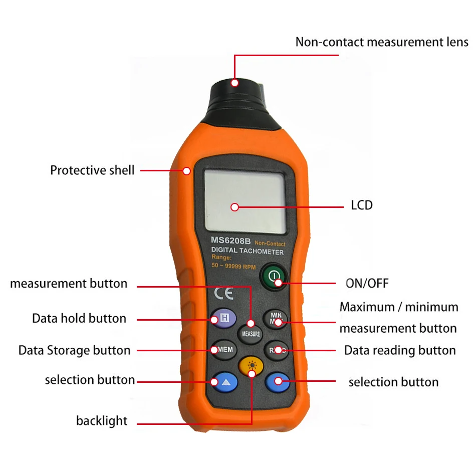 MS6208B ЖК-дисплей Цифровой Фото Тахометр RPM метр бесконтактного Tacometro вращения Скорость 50 об/мин-99999 ОБ/мин для хранения данных
