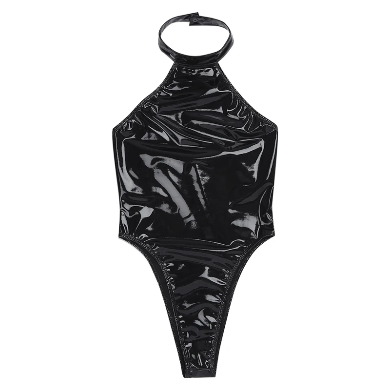 Sexy Women Black One Piece Body Suit Wetlook Latex Catsuit High Neck Halter Backless Leotard Bodysuit for Night Club Dance Wear sexy bodysuit