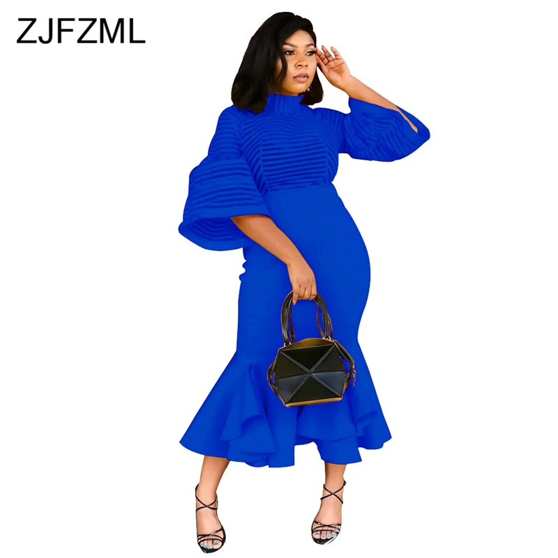 

Sheer Mesh Patchwork Sexy Bodycon Dress Women Half Lantern Sleeve High-Necked Club Party Dress Streetwear Ruffles Bandage Dress