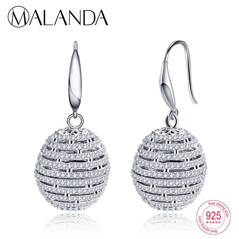 

MALANDA 2018 Sterling silver Earrings Fashion Big Hollow Ball Earrings For Women Zircon Long Dangle Earrings Party Jewelry Gift