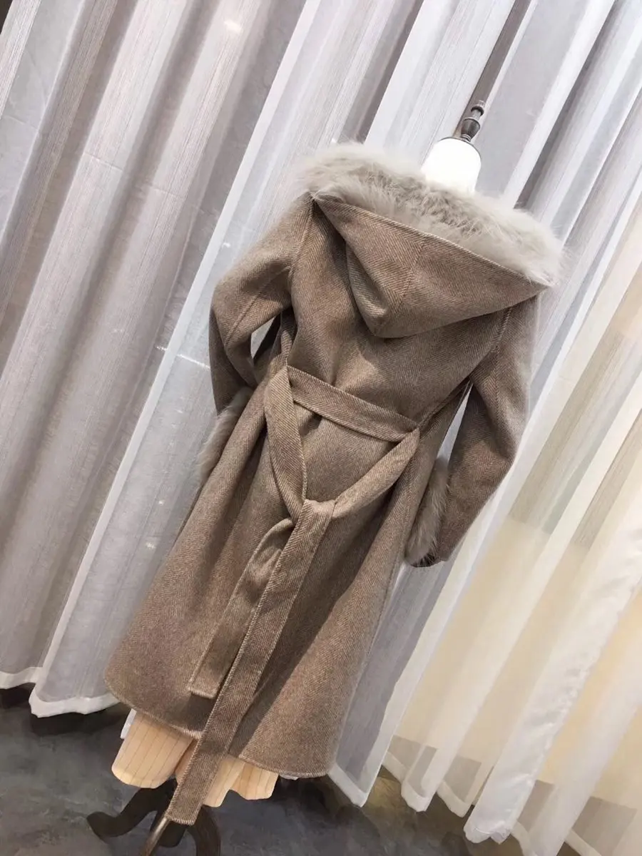 Новое поступление, роскошное Брендовое пальто из натурального кашемира, длинное пальто из натурального Лисьего меха с капюшоном и тонким поясом, женская верхняя одежда с двух сторон