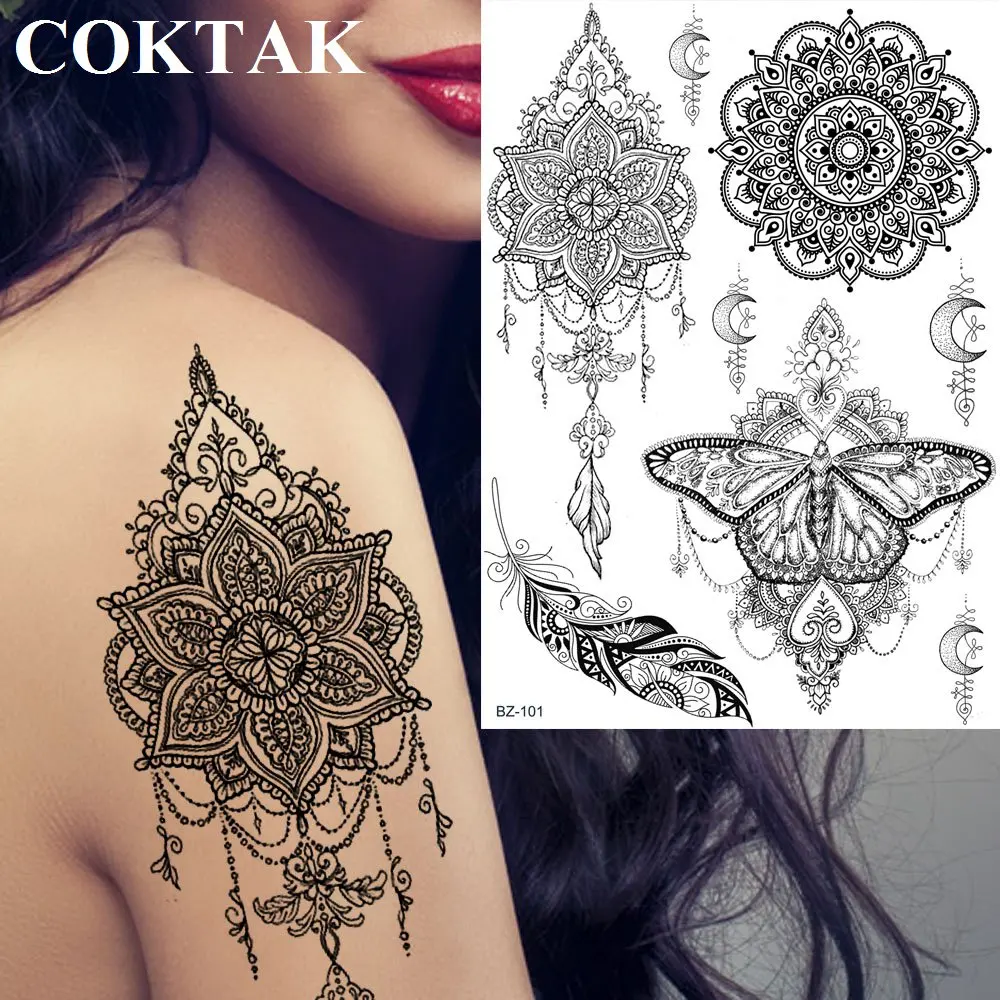 COKTAK Mandala Henna flor India encaje polilla mariposa mujeres tatuajes  temporales negro pegatinas impermeables tatuajes de plumas falsas|Tatuajes  temporales| - AliExpress