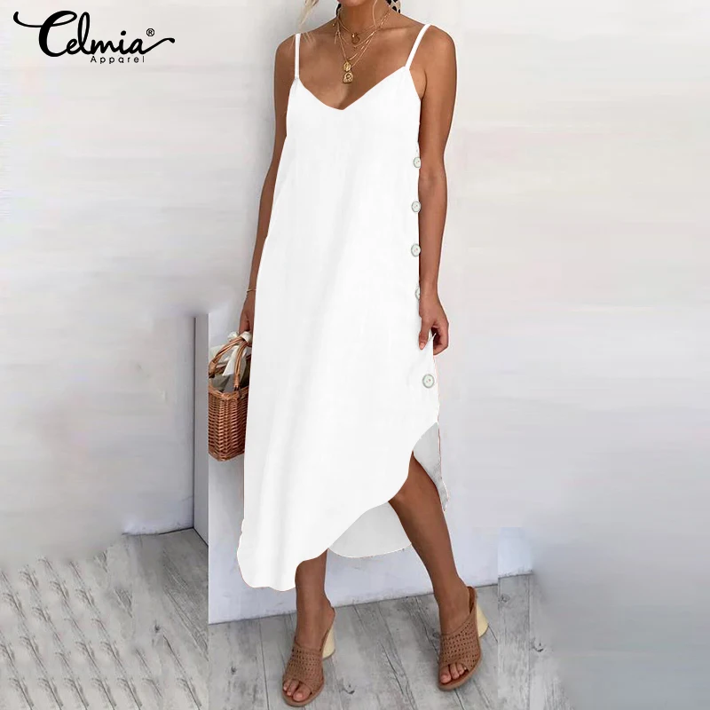

Summer Dress 2019 Celmia Women Spaghetti Straps Asymmetric Sundress Sleeveless Casual Button Solid Beach Midi Vestidos Plus Size