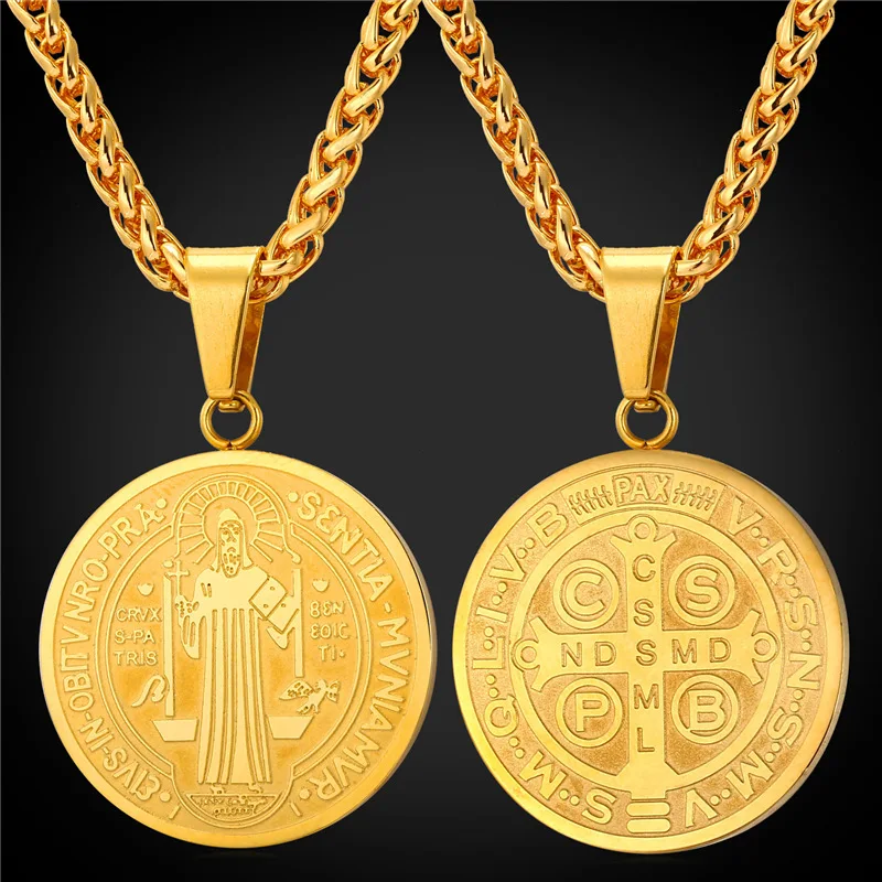 Saint Benedict Medal Pendant Necklace Charms Jewelry Gift Round Oval Stainless Steel/Gold Plated