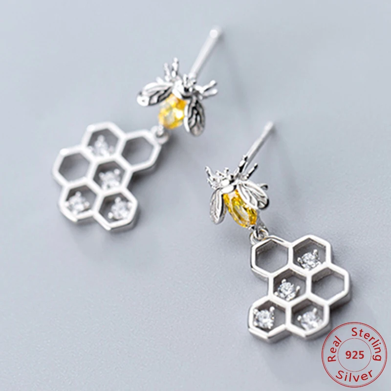 925 пробы, серебряные, коллекция насекомых, пчела, любовь, мед, гребень, серьги-гвоздики для женщин, модное ювелирное изделие