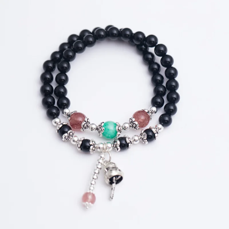 

LouLeur 925 sterling silver natural black agate strawberry quartz bracelets natural stone Green Quartz agate bracelets for women