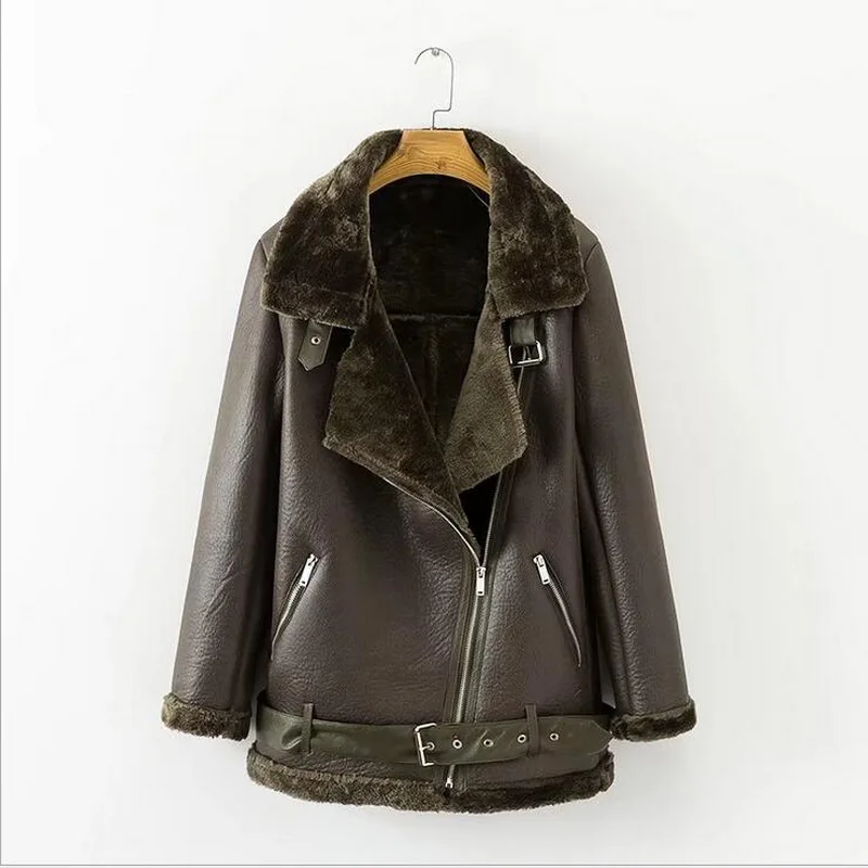 

2019 Women Winter Faux Lamb Leather Jacket Women Faux Leather Lambs Wool Fur Collar Suede Jacket Coats Female PU Leather Jacket