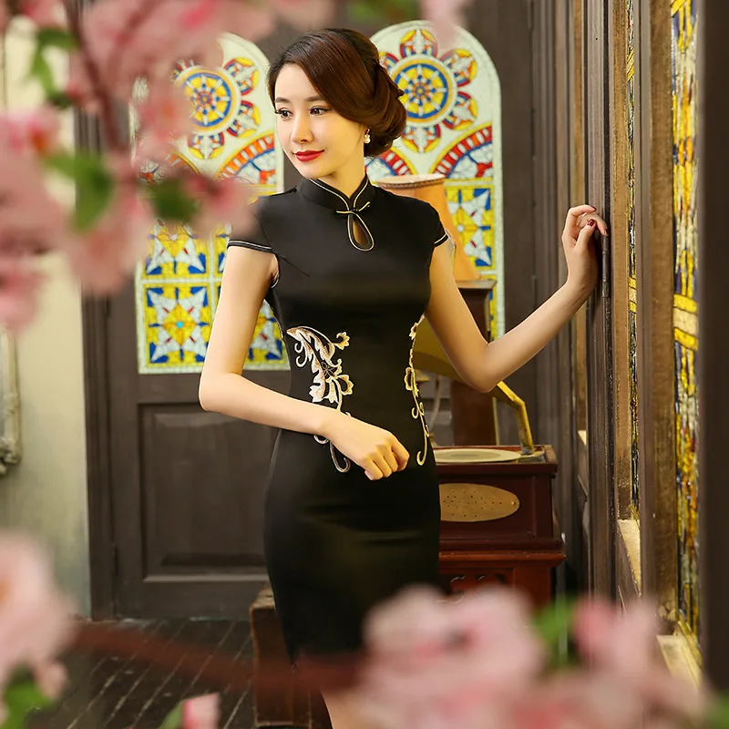 Горячее предложение, китайское Черное женское традиционное платье, шелковый атлас, Qipao, топ, Мини Cheongsam, кружевное платье с коротким рукавом, qipao, платья