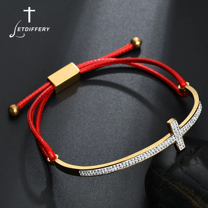 

Letdiffery Gold Cubic Zirconia Jesus Cross Adjustable Bracelet Red String Stainless Steel for Women Charm Jewelry Girls Gifts