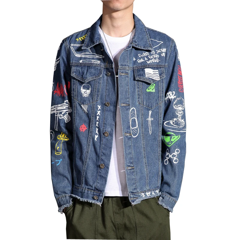 Hip Hop Fashion Printed Jeans Jacket Men Cotton Casual Streetwear Autumn New Denim Jacket Men Plus Size M-5XL Hip Hop Fashion Printed Jeans Jacket Men Cotton Casual Streetwear Autumn New Denim Jacket Men Plus Size M-5XL