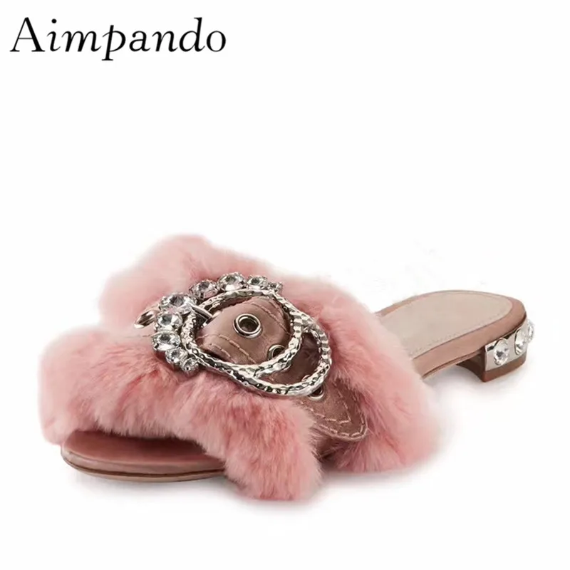 

Luxury Fur Slippers Women 2cm 5cm Square Heel With Rhinestone Diamond Round Buckle Women Shoes