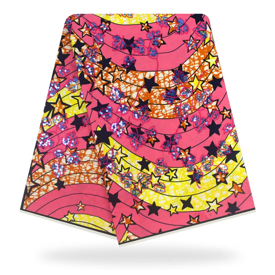 

Pink African Cotton Block Wax Print Fabric Ankara with sequins 6yards YXL-23