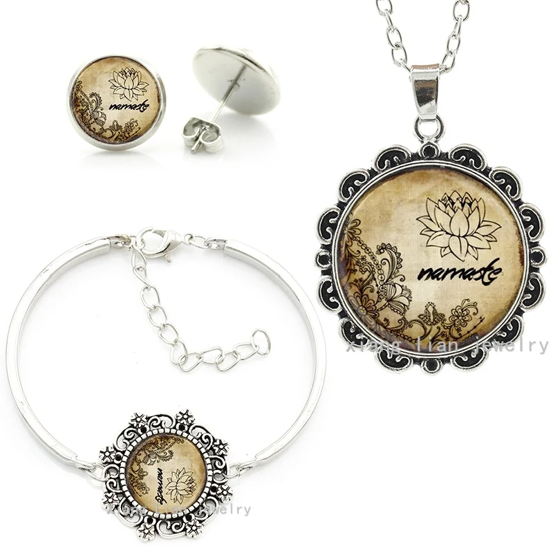 

2016 new original design indian buddhist namaste lotus art lace charm bracelet earrings necklace set national jewelry sets HT034