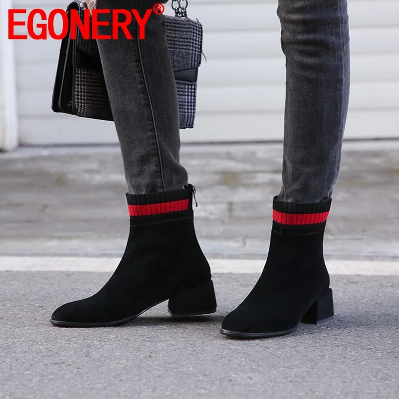 

EGONERY genuine leather woman ankle boots spring winter plush red stripe booties flock fashon round toe work Chelsea boots