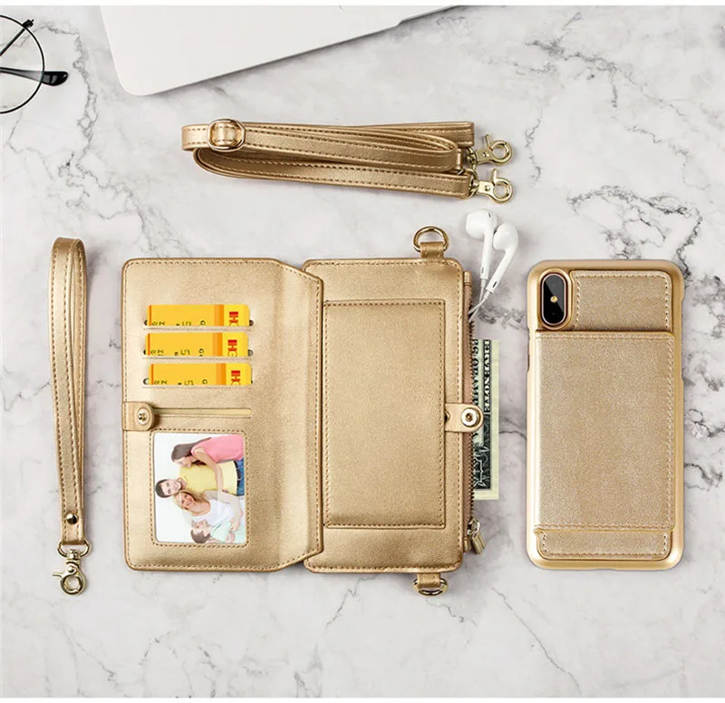 4 in 1 Leather Wallet Bag Case for iPhone X 6 6s 7 8 Plus Detachable Phone Cover Card Slot Girl Women Shoulder Bag Handbag Pouch (24)