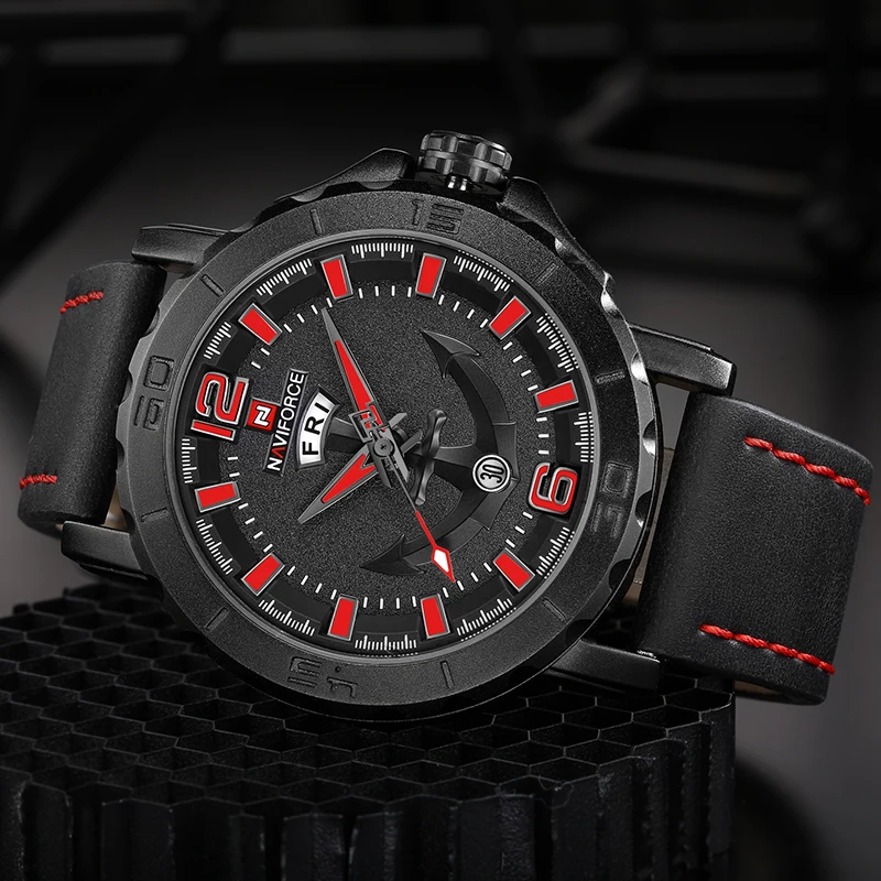Часы наручные NAVIFORCE Мужские кварцевые спортивные с кожаным ремешком роскошные в
