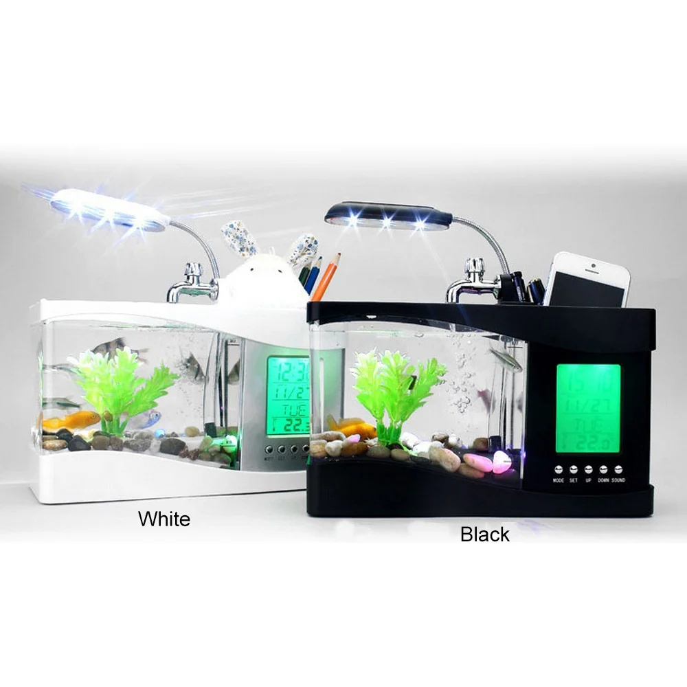 

Mini Aquarium with LED Lamp Light USB Fish Tank Betta Fish Tanks LCD Display Screen and Clock Pen Holder