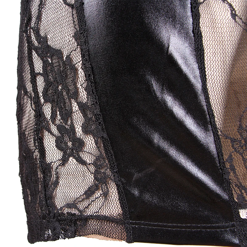 Сексуальное просвечивающее Открытое платье для женщин, черное с длинным рукавом, кружевная Цветочная сетка, лоскутное платье из искусственной кожи, бандажная Клубная одежда