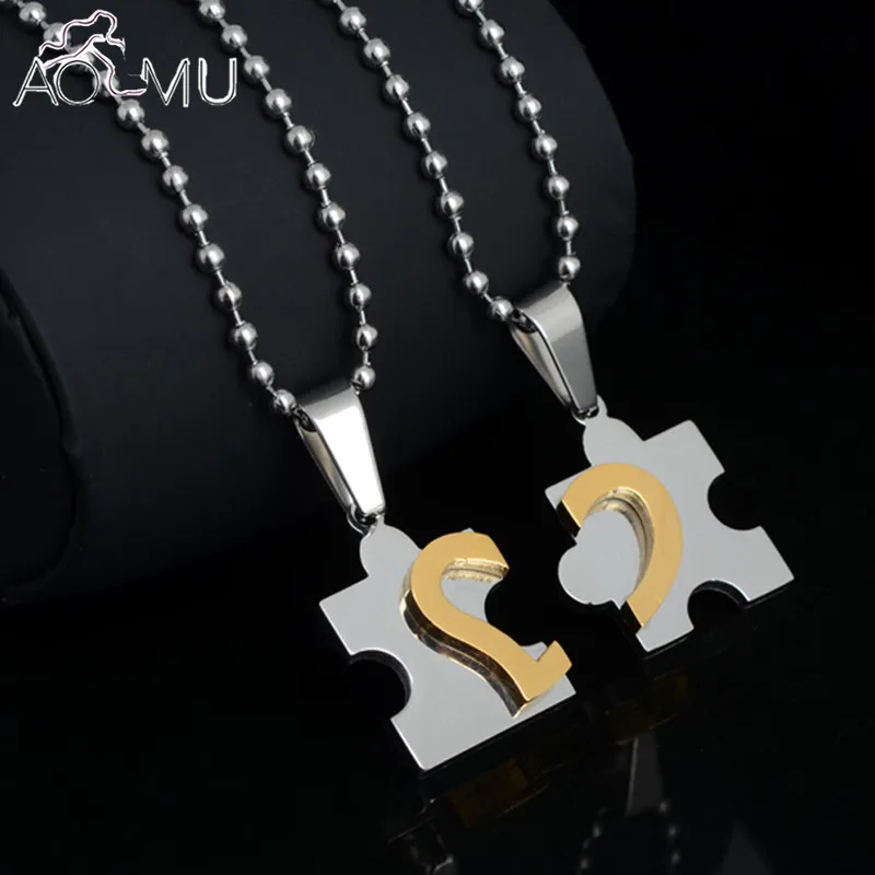 AOMU 2Pcs Men Women Couple Stainless Steel Love Heart Chain Puzzle Pendant Necklace for Lover font
