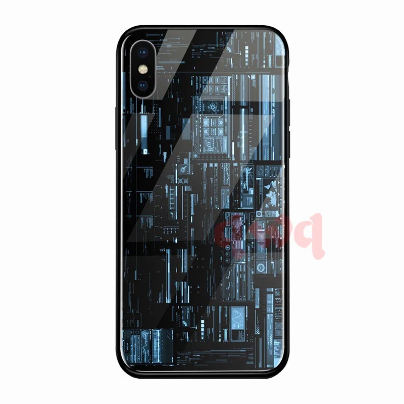 Circuit Board Tempered Glass Hard Back Phone Cases For Iphone 6 6S 7 8 Plus Full Cover For iphone X XR Xs Max TPU Soft Edge Case-F