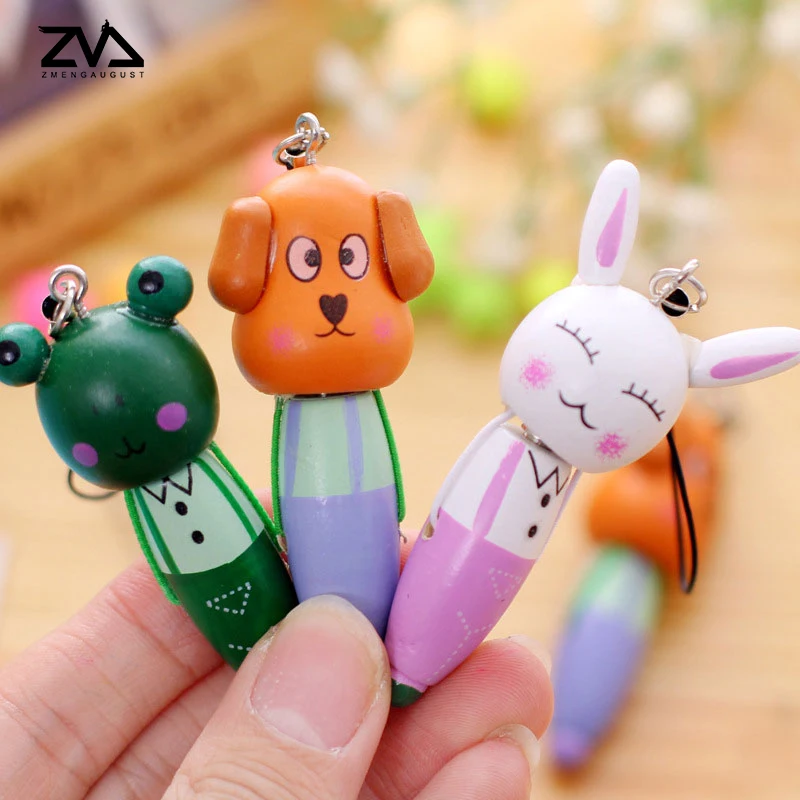 

2pcs/lot Wooden cartoon animals portable short pen / phone pendant /kawaii ballpoint pens escolar office stationery