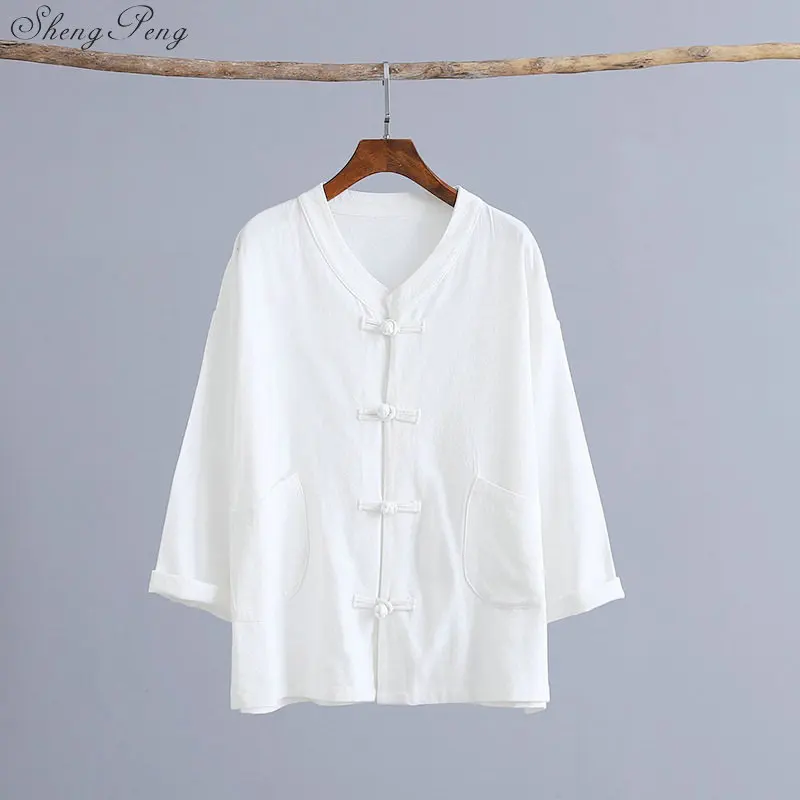 Традиционная китайская блузка, рубашка, топы для женщин, воротник-стойка, Восточная льняная рубашка, блузка, Женский Топ cheongsam Q765