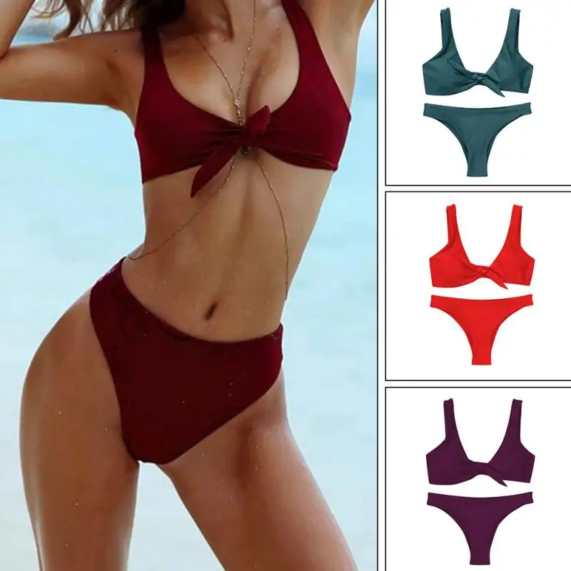 Women Sexy Front Knot Bikini Set Solid Color Summer Bathing Suit Swimwear Beach Wear Swimsuit Women Sexy Front Knot Bikini Set Solid Color Summer Bathing Suit Swimwear Beach Wear Swimsuit