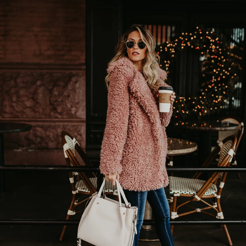 Пушистое розовое плюшевое пальто из искусственного меха, куртка для женщин, уличная мода, зимнее толстое теплое меховое пальто, мохнатая верхняя одежда для женщин