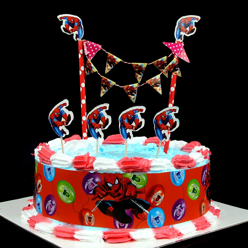 

1set Cartoon Spiderman Theme Birthday Cake Decoration Flags Safe Paper Card Party Decorating Cake Skirt for Boys Girls