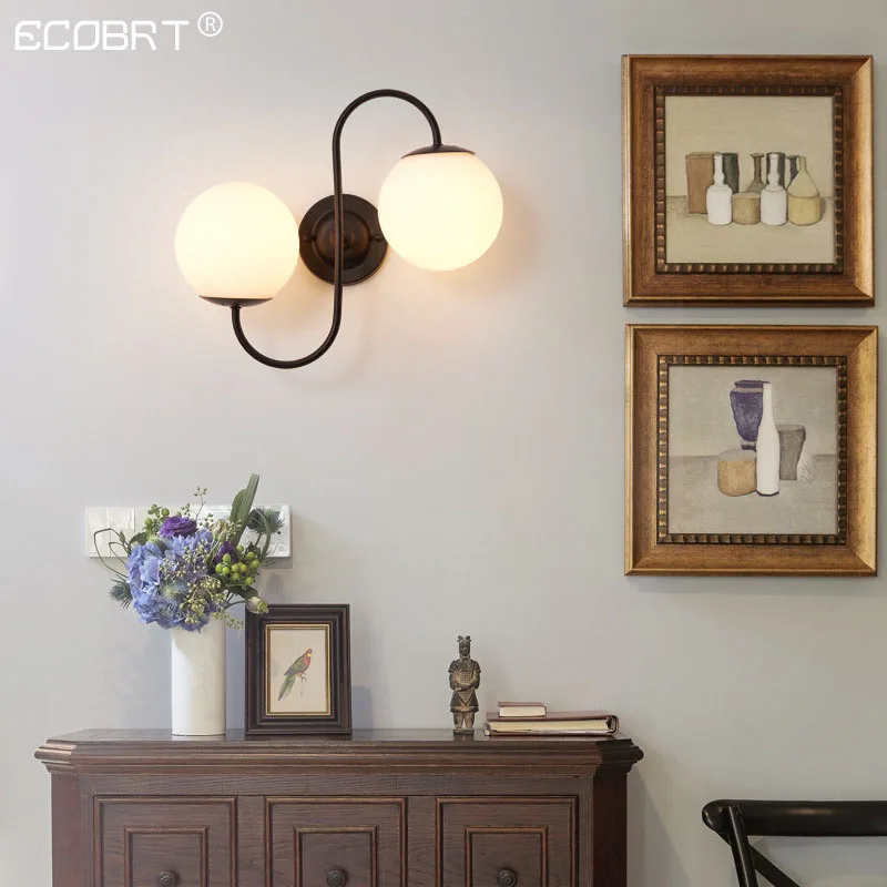 ECOBRT E27 Glass lamp shade LED Metal wall light Black wall lamp bedside room bedroom corridor wall lamps